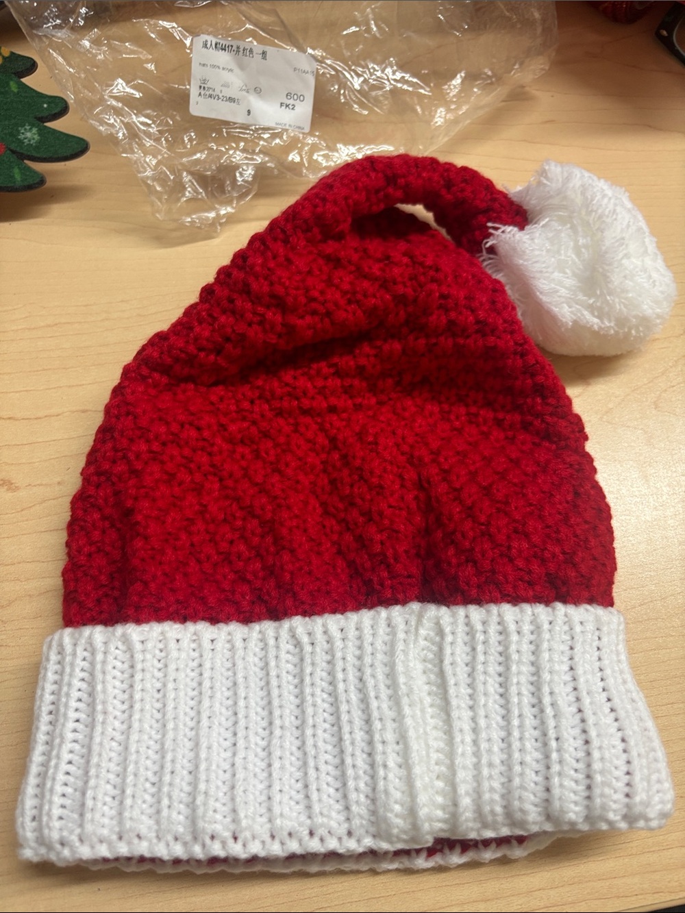 New Red & White Santa-Style Knit Beanie with Pom-Pom